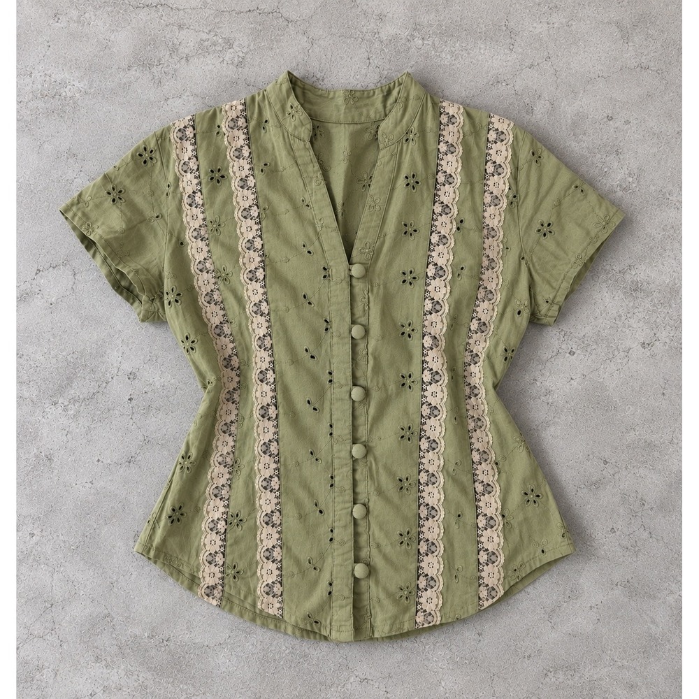 Sonoma Sage Green Eyelet Lace Button Up Short Sleeve Blouse Cottagecore Top LP